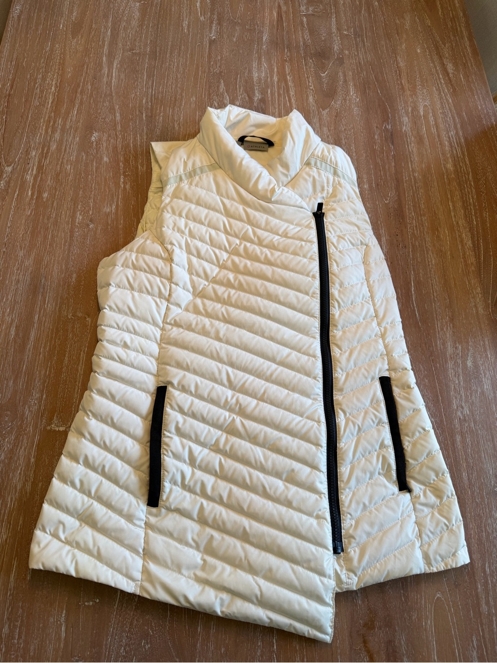 Athleta White Quilted Asymmetric Zip Vest with Black Trim